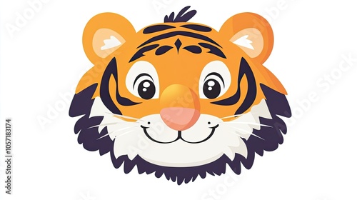 A colorful vector tiger head with bright orange fur, black stripes, and a smiling expression, isolated on a clean white background for a playful look.