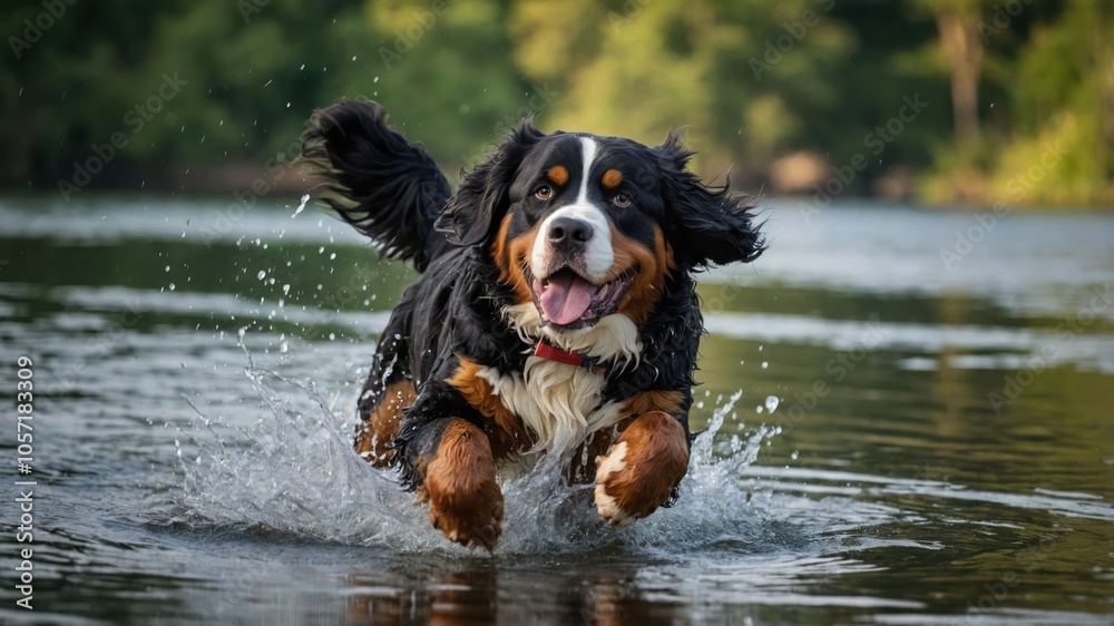 A joyful dog splashes through water, showcasing its playful spirit in nature. A joyful dog splashes through water, showcasing its playful spirit in nature.