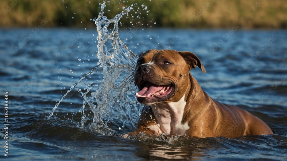 A playful dog splashes in the water, enjoying a sunny day outdoors. A playful dog splashes in the water, enjoying a sunny day outdoors.