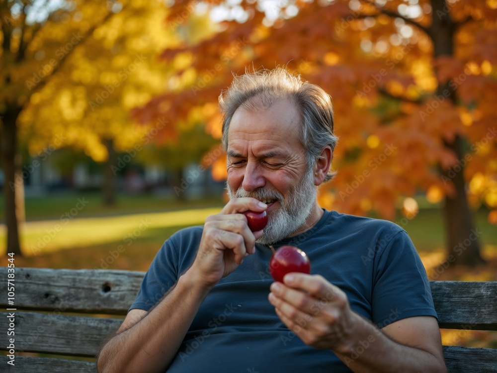 Fototapeta premium Elderly Man Enjoying Fresh Apples in Autumn Park