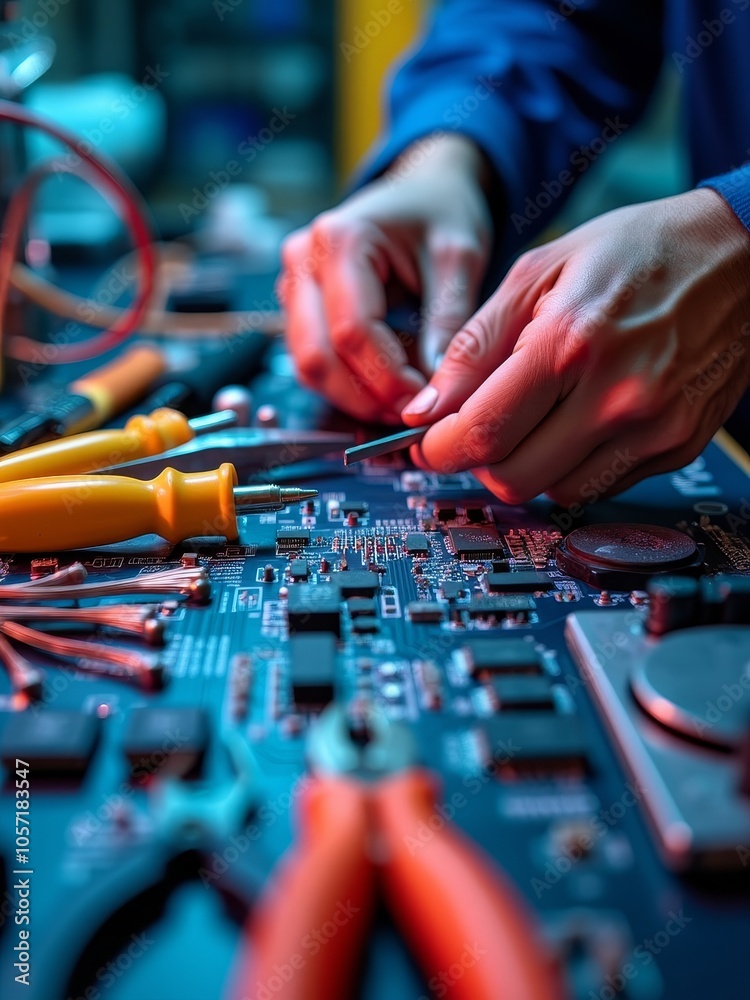Technician repairing circuit board with tools and electronic components Technician repairing circuit board with tools and electronic components