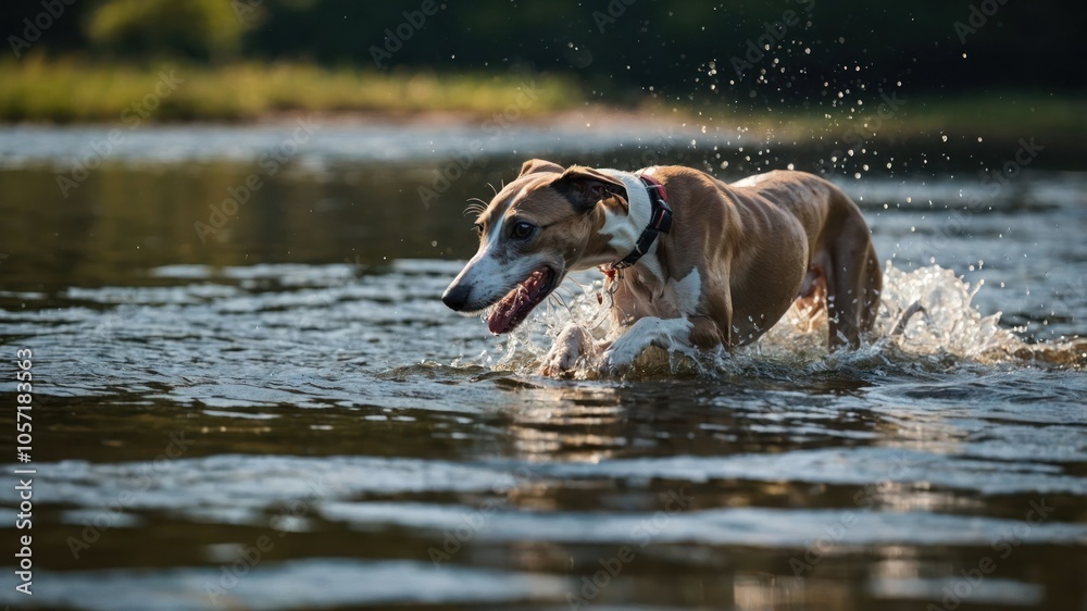 A dog joyfully splashes through water, enjoying a playful moment outdoors. A dog joyfully splashes through water, enjoying a playful moment outdoors.