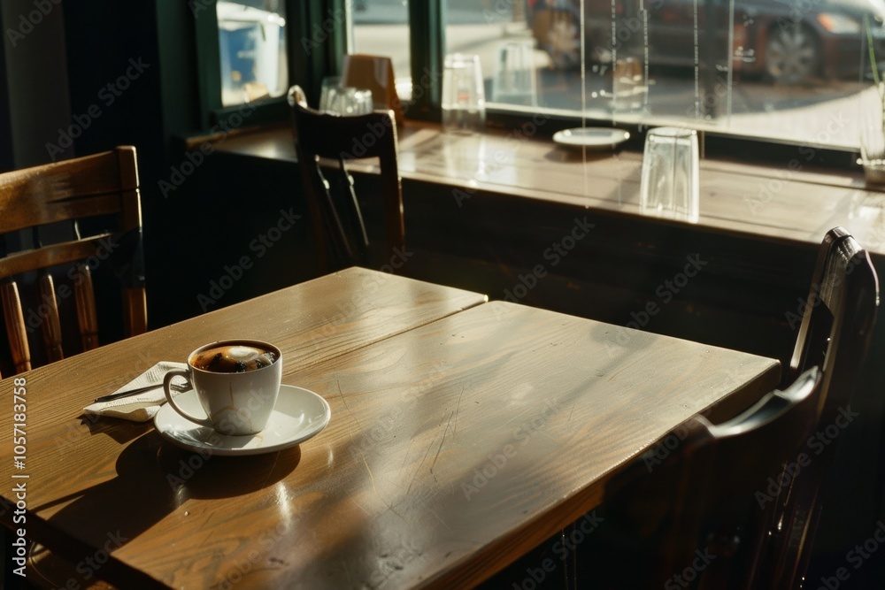 A cozy café setting with sunlight streaming onto a wooden table holding a steaming cup of coffee, evoking a moment of peaceful solitude. A cozy café setting with sunlight streaming onto a wooden table holding a steaming cup of coffee, evoking a moment of peaceful solitude.