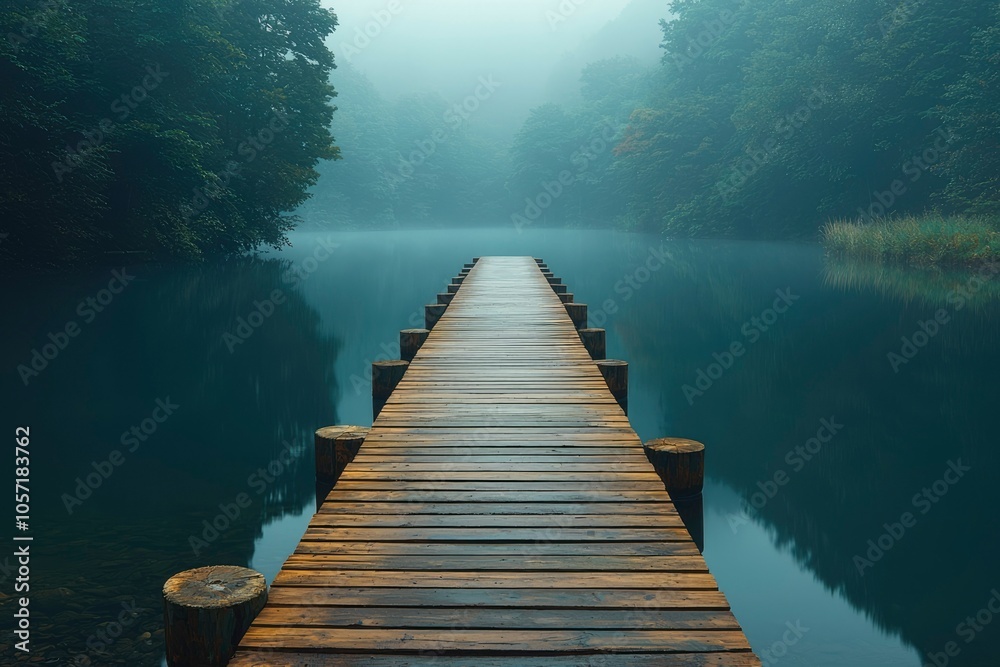 Wooden Dock Extending into Foggy Lake Surrounded by Trees Wooden Dock Extending into Foggy Lake Surrounded by Trees
