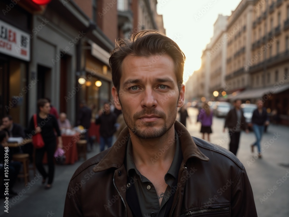 Confident Man Stands in Busy Urban Street at Sunset Confident Man Stands in Busy Urban Street at Sunset