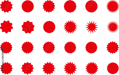 Starburst red sticker set - collection of special offer sale oval and round shaped sunburst labels and badges. Promo stickers with star edges. Vector.