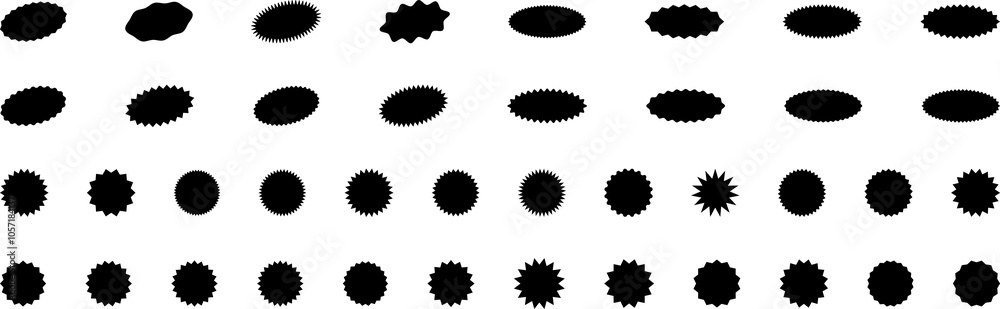 Starburst red sticker set - collection of special offer sale oval and round shaped sunburst labels and badges. Promo stickers with star edges. Vector. Starburst red sticker set - collection of special offer sale oval and round shaped sunburst labels and badges. Promo stickers with star edges. Vector.