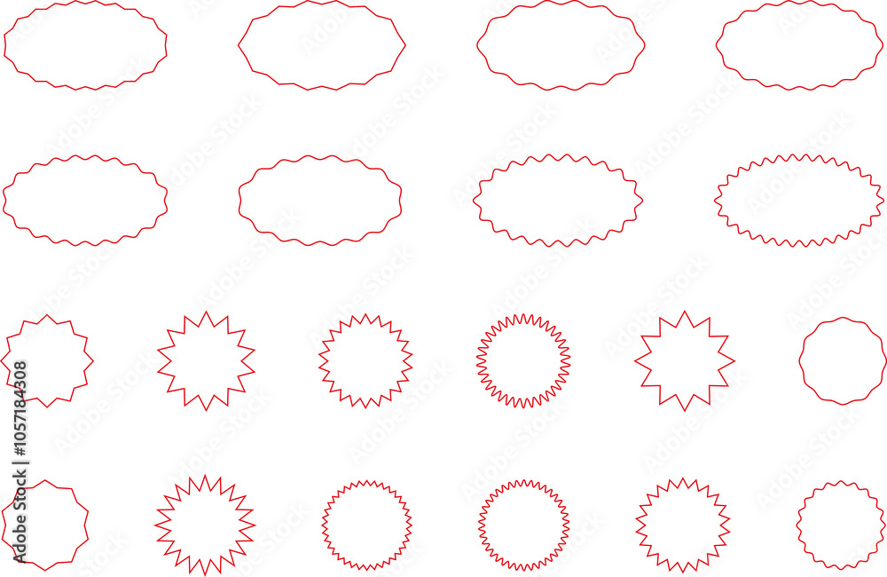 Starburst red sticker set - collection of special offer sale oval and round shaped sunburst labels and badges. Promo stickers with star edges. Vector. Starburst red sticker set - collection of special offer sale oval and round shaped sunburst labels and badges. Promo stickers with star edges. Vector.