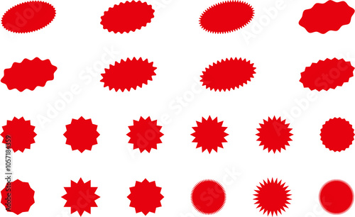 Starburst red sticker set - collection of special offer sale oval and round shaped sunburst labels and badges. Promo stickers with star edges. Vector.
