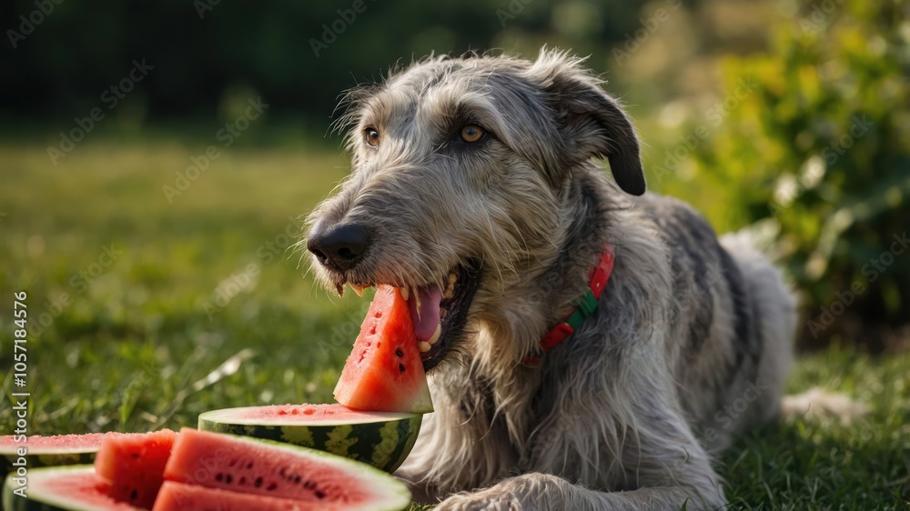 A playful dog enjoying watermelon slices in a sunny outdoor setting. A playful dog enjoying watermelon slices in a sunny outdoor setting.