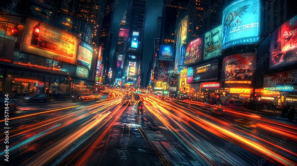 A high-angle view of a bustling city intersection at night, with streaks of light from traffic, colorful billboards, and tall buildings in an urban setting A high-angle view of a bustling city intersection at night, with streaks of light from traffic, colorful billboards, and tall buildings in an urban setting