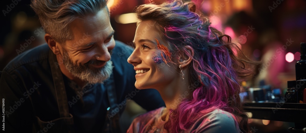 A joyful interaction between a man and a woman with colorful hair in a lively setting. A joyful interaction between a man and a woman with colorful hair in a lively setting.
