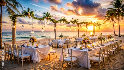 Beach wedding, sunset, ocean view, palm trees, elegant tables, lights V1