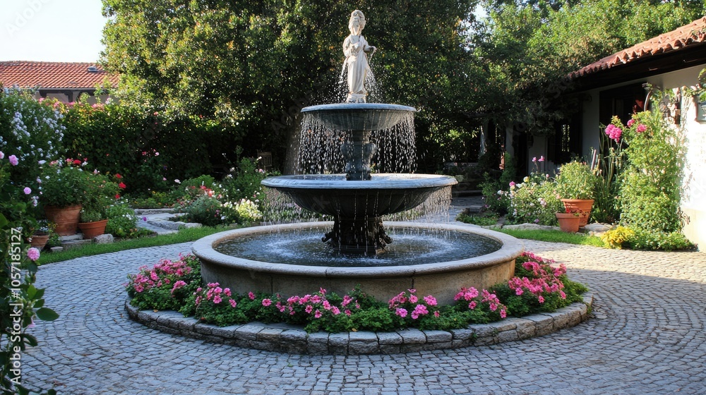 Serene Garden Fountain Surrounded by Flowers Serene Garden Fountain Surrounded by Flowers