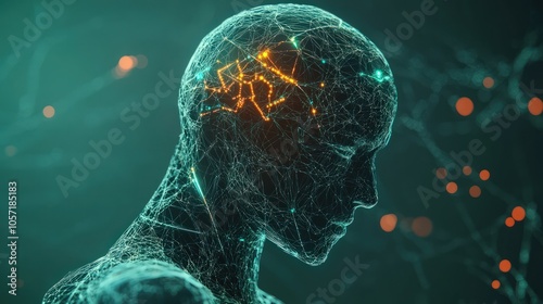 Futuristic humanoid with glowing neural network, AI technology concept