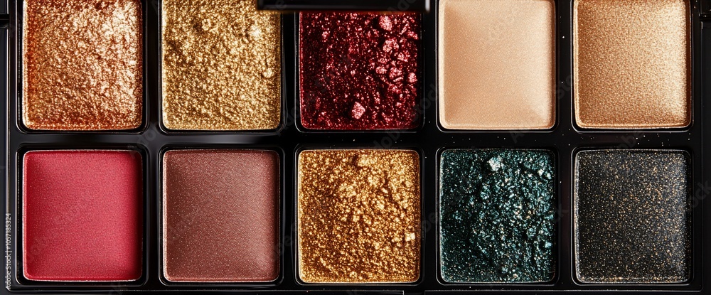 Close-up of a colorful eyeshadow palette with various shades of red, gold, brown, green, and black. Close-up of a colorful eyeshadow palette with various shades of red, gold, brown, green, and black.