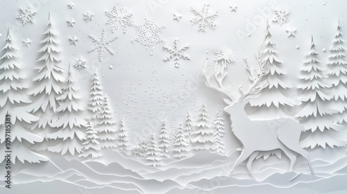 White paper cut-out of a deer in a winter forest