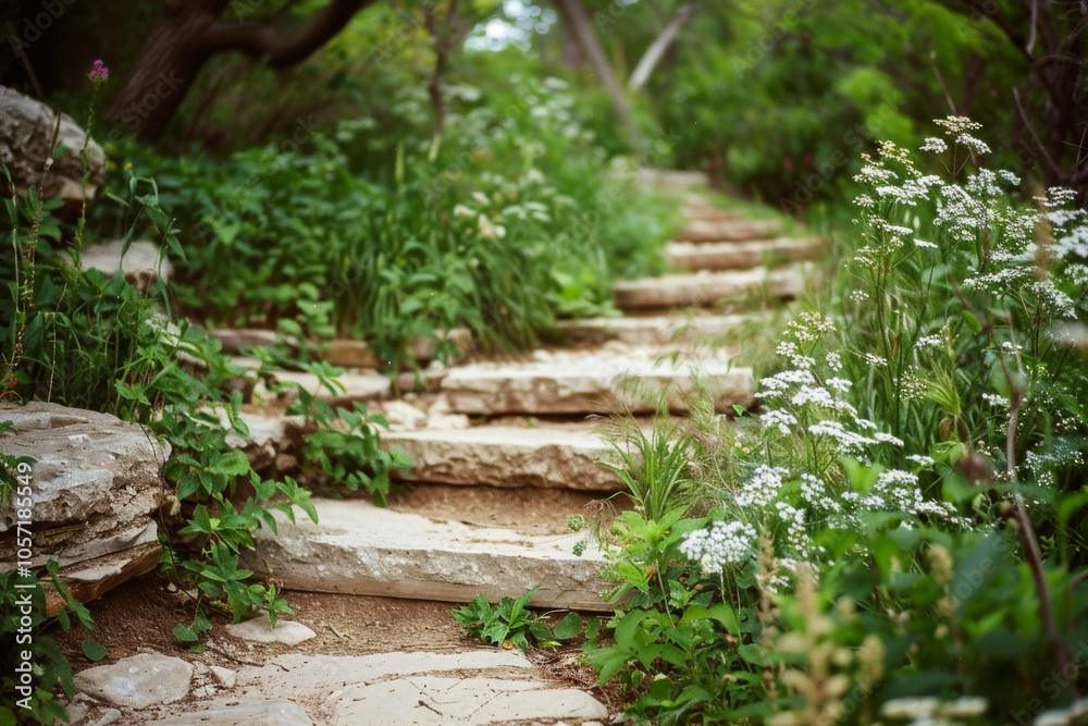 A rustic stone path amidst flourishing wildflowers and greenery invites wanderers to explore nature's serene beauty. A rustic stone path amidst flourishing wildflowers and greenery invites wanderers to explore nature's serene beauty.