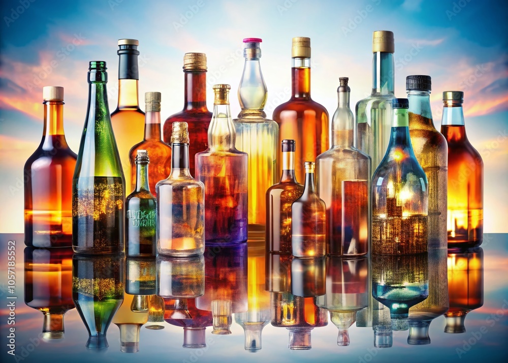 Stylish Double Exposure Photo of Alcohol Bottles with Creative Beverages in a Flat Design Stylish Double Exposure Photo of Alcohol Bottles with Creative Beverages in a Flat Design