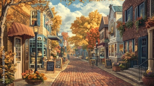 A charming street lined with colorful shops and brick sidewalks, bathed in the warm glow of autumn foliage.