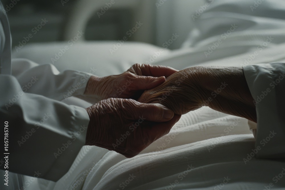 Hands clasped gently on white sheets symbolize comfort, care, and human connection in a moment of silent solidarity. Hands clasped gently on white sheets symbolize comfort, care, and human connection in a moment of silent solidarity.