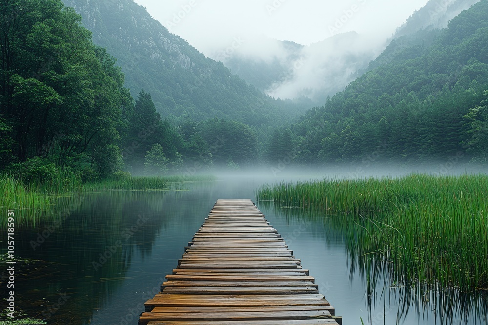Wooden Pathway Leading Through Foggy Forest Lake Wooden Pathway Leading Through Foggy Forest Lake