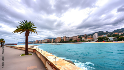 Promenade des Anglais and beach in Nice, France, with turquoise water and palm tree on cloudy day isolated with white shades, png