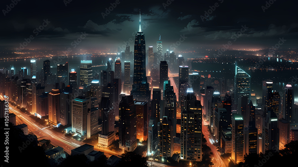 Fototapeta premium Lively cityscape at night illuminated by city lights