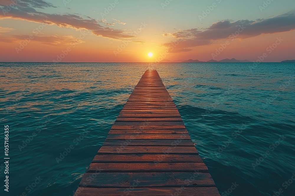 Wooden Dock Extending into Calm Ocean at Sunset