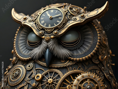 Clockwork automation style abstract artwork sleeping owl with black and bronze colors photo