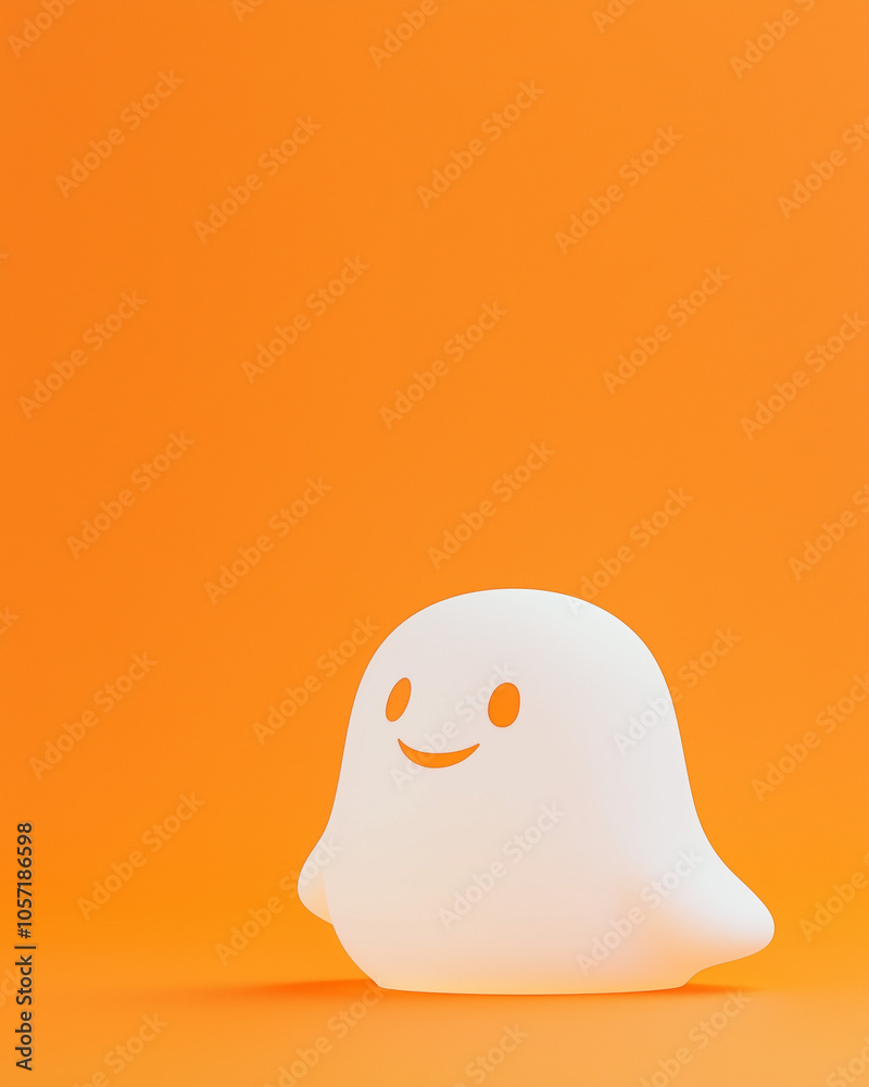 Fototapeta premium A cute ghost-shaped night light, in a white color with a smiling face on an orange background. Minimal Halloween idea with copy space