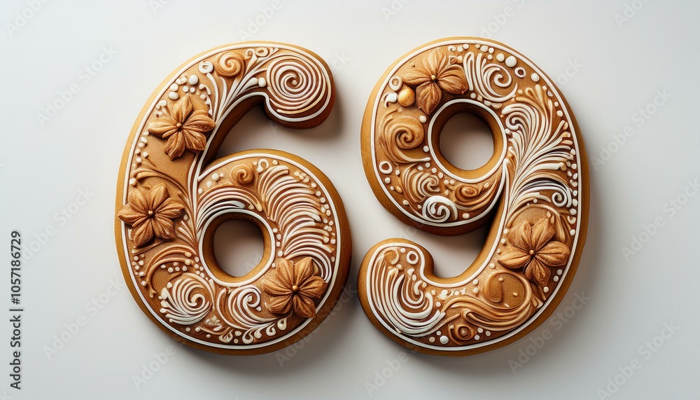 Decorated cookie, number 69, image for birthday or anniversary celebration Decorated cookie, number 69, image for birthday or anniversary celebration