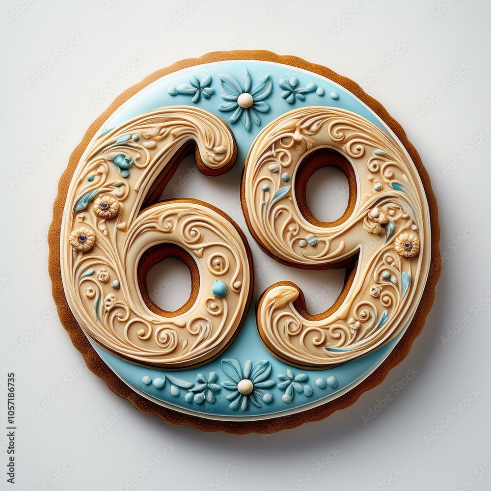 Decorated cookie, number 69, image for birthday or anniversary celebration Decorated cookie, number 69, image for birthday or anniversary celebration