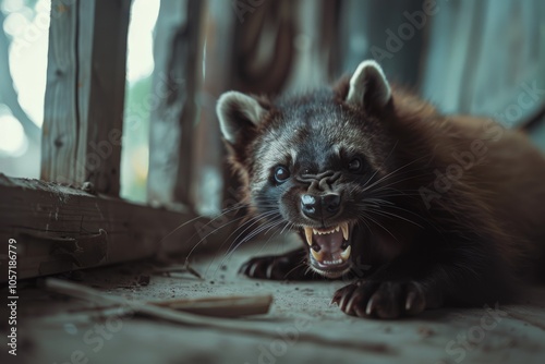 A fierce wolverine snarls menacingly in a dimly lit space, displaying its sharp teeth with a wild aura. photo