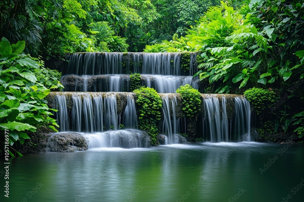 Tranquil Waterfall Cascading Through Lush Green Foliage Tranquil Waterfall Cascading Through Lush Green Foliage