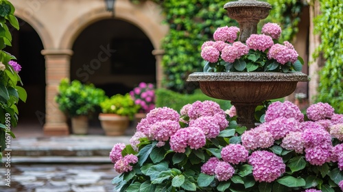 Beautiful Fountain Surrounded by Pink Hydrangea Blooms