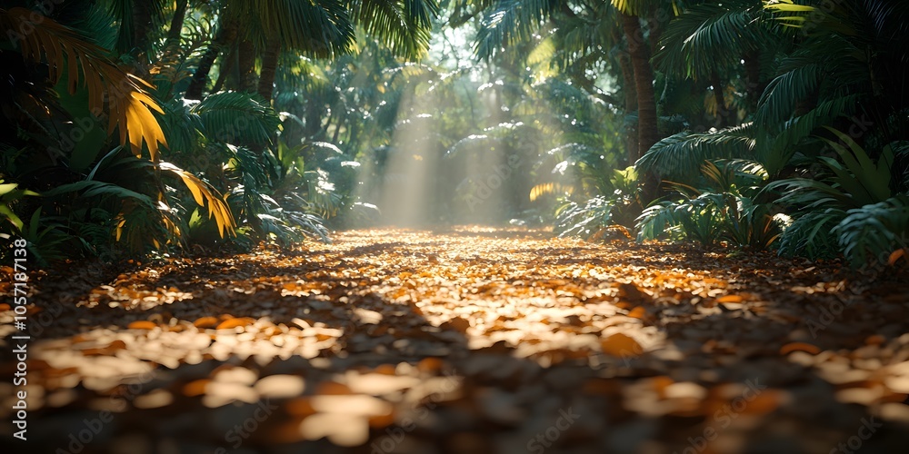 A serene forest path illuminated by sunlight, covered in fallen leaves. A serene forest path illuminated by sunlight, covered in fallen leaves.