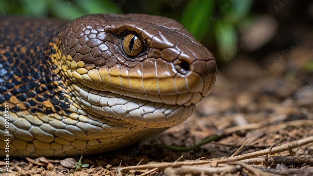 Close-up of a snake showcasing its textured scales and distinctive features. Close-up of a snake showcasing its textured scales and distinctive features.
