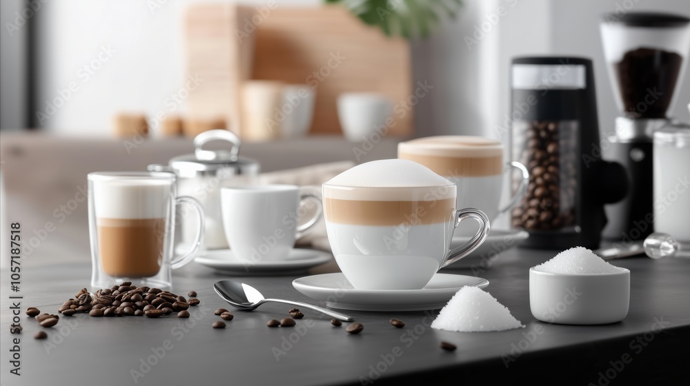 Table with a variety of coffee cups and a spoon, with a white sugar bowl Table with a variety of coffee cups and a spoon, with a white sugar bowl
