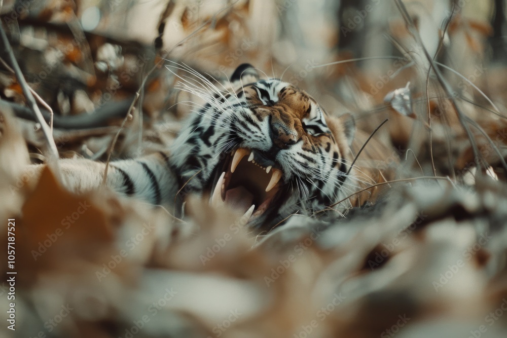 A tiger lying amidst autumn leaves yawns, revealing sharp teeth and a moment of fierce beauty, blending wild ferocity with serene repose. A tiger lying amidst autumn leaves yawns, revealing sharp teeth and a moment of fierce beauty, blending wild ferocity with serene repose.