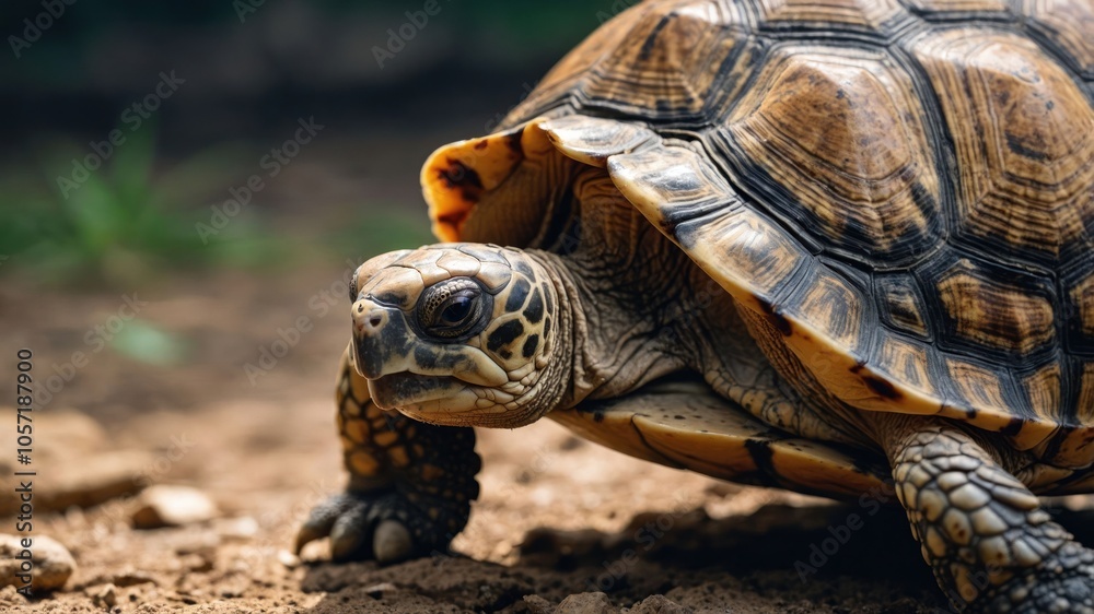 A close-up of a tortoise on the ground, showcasing its textured shell and surroundings. A close-up of a tortoise on the ground, showcasing its textured shell and surroundings.