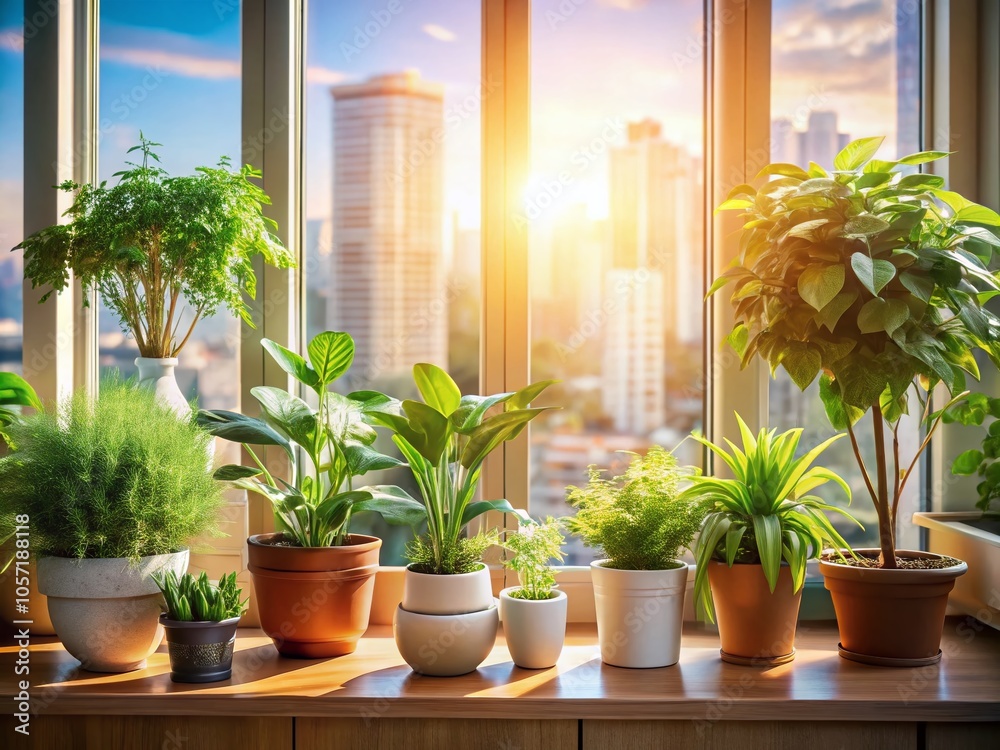 Sunlit Indoor Plants on Window Sill with City View - Nature Meets Urban Life Sunlit Indoor Plants on Window Sill with City View - Nature Meets Urban Life