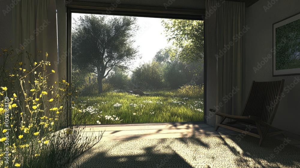 Fototapeta premium Tranquil View of a Lush Green Landscape from a Room