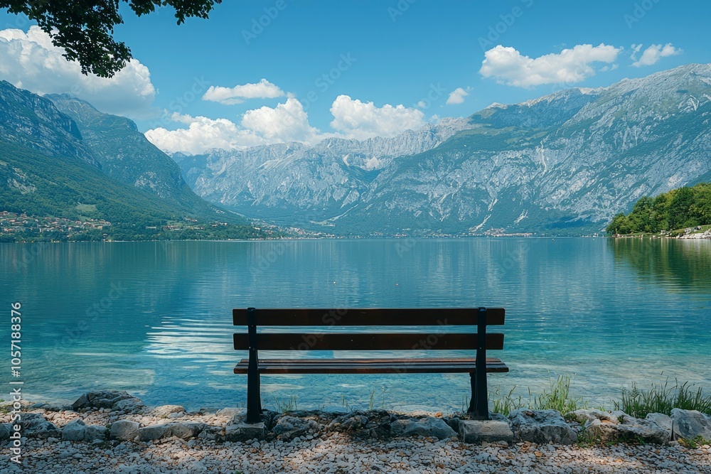 A Wooden Bench Overlooking a Serene Mountain Lake A Wooden Bench Overlooking a Serene Mountain Lake