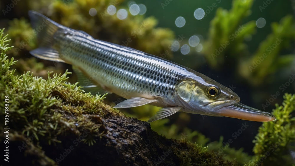 A close-up of a fish swimming among aquatic plants in a serene underwater environment. A close-up of a fish swimming among aquatic plants in a serene underwater environment.