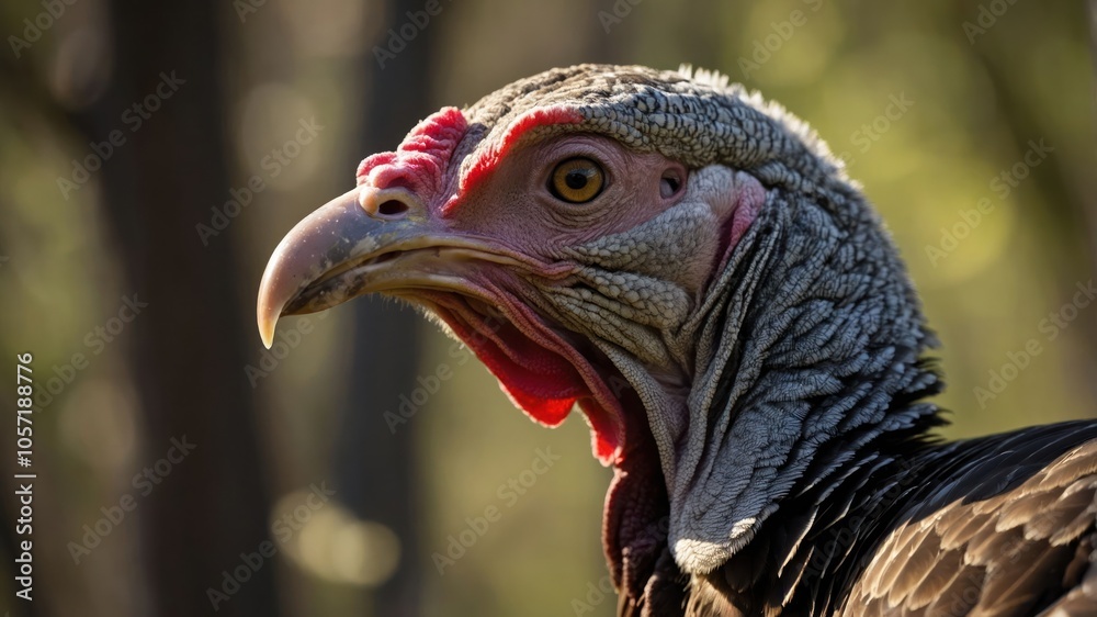 Close-up of a turkey vulture highlighting its distinctive features and textures. Close-up of a turkey vulture highlighting its distinctive features and textures.