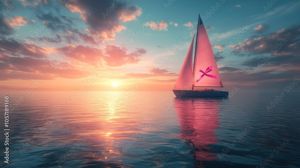 Fototapeta premium A serene sailboat gliding across a calm sea at sunset.