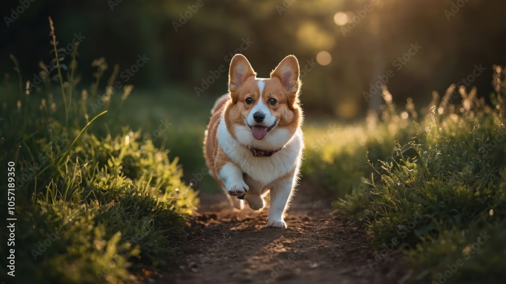 A happy corgi running along a sunlit path in a grassy area. A happy corgi running along a sunlit path in a grassy area.