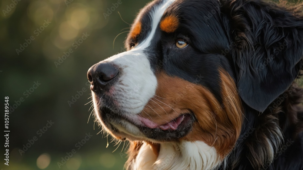 A close-up of a Bernese Mountain Dog with a soft, focused expression. A close-up of a Bernese Mountain Dog with a soft, focused expression.