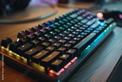 A mechanical keyboard emits a spectrum of colors, illuminating its sleek design and adding a modern touch to its environment.